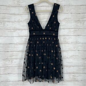New Look Black Star Mini Dress Sleeveless Tulle Layered Plunge‎ Neck Size 6